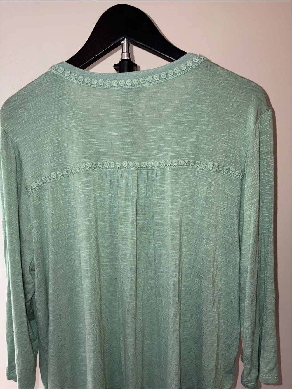 Democracy 3/4 sleeve mint green knit top w/embroidered lace front panel sz L EUC - Picture 6 of 6